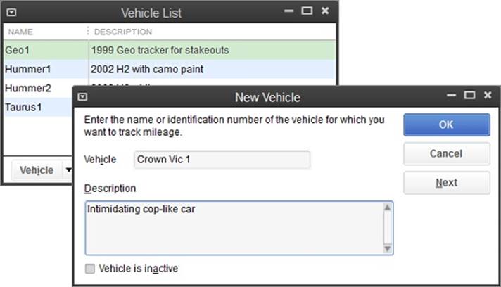 QuickBooks doesn’t want to know much about company vehicles. All you have to do is give the vehicle a name. You can add any details you want in the Description box.After you click OK, the vehicle takes its place in the Vehicle List (shown in the background here).