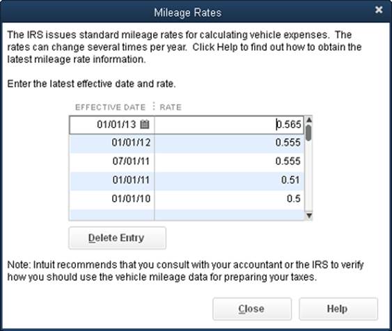 QuickBooks displays the standard mileage rates with the most recent one at the top and older rates below it.