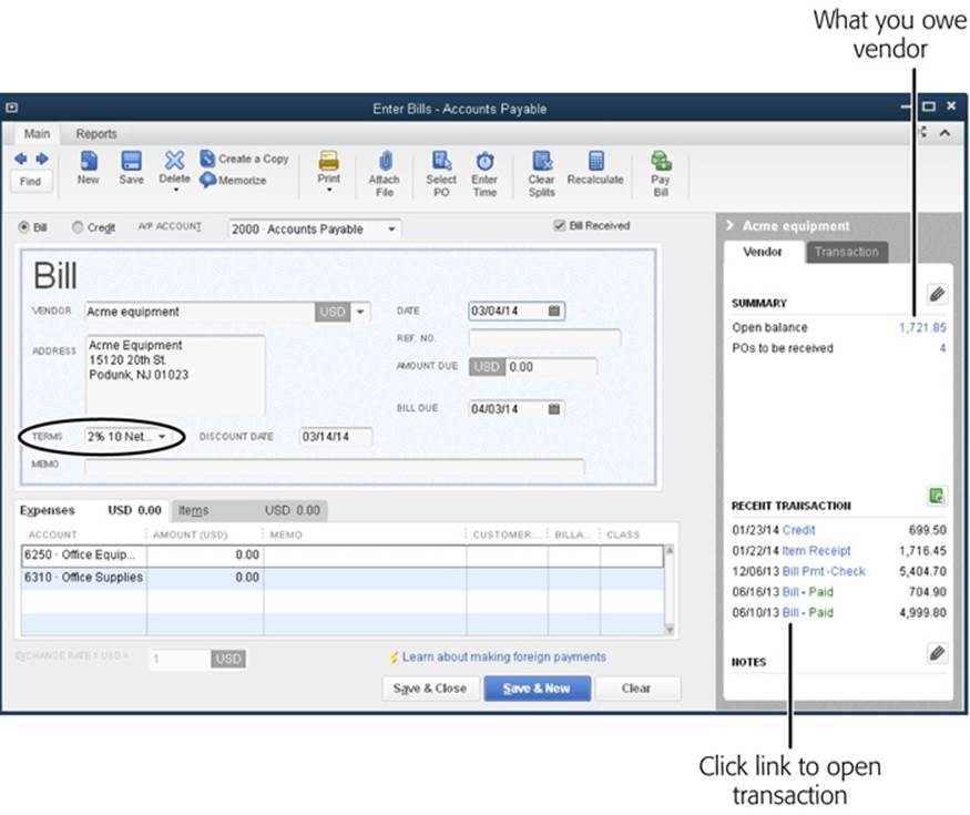 The Terms field (circled) shows the payment terms from the vendor’s record (page 79).If you haven’t assigned payment terms to a vendor, you can do so right in the Enter Bills window by simply clicking the down arrow in the Terms field and choosing from the drop-down list that appears. When you save the bill, QuickBooks asks if you want the new terms to appear the next time. The program is asking if you want to save the terms to the vendor’s record; click Yes.