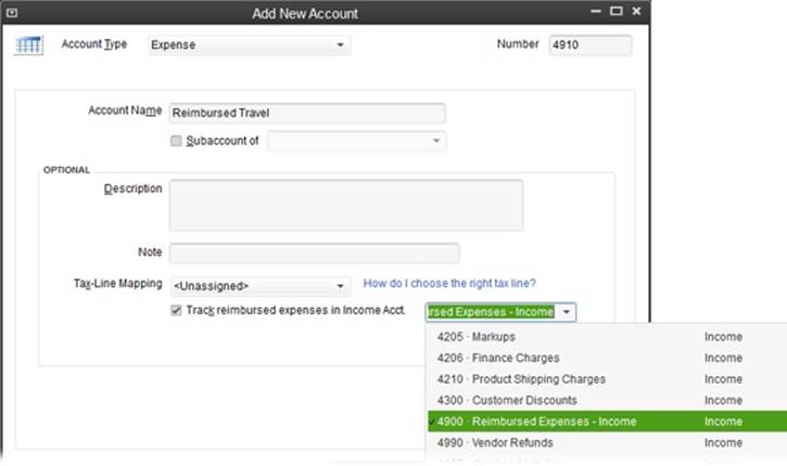 To track a reimbursable expense as income, in the Add New Account or Edit Account window, turn on the “Track reimbursed expenses in Income Acct.” checkbox and then, in the drop-down list, choose the income account to use. If you’ve already created your expense accounts, you’ll have to edit each one that’s reimbursable (travel, telephone, equipment rental, and so on) and add the income account as shown here.