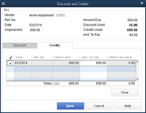 On the “Discount and Credits” dialog box’s Credits tab, click a credit’s checkmark cell to toggle between applying the credit and removing it from the bill.When you click Done here, QuickBooks updates the Pay Bills window’s Credits Used value to show the amount of credit applied to the bill, and the Amt. To Pay value to reflect the amount you have to pay based on both applied discounts and credits.