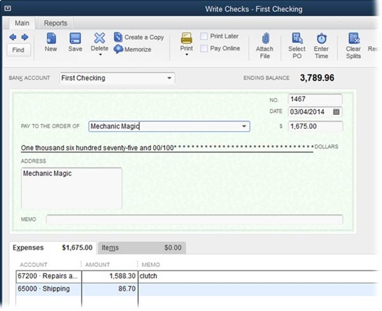 Choosing a name in the “Pay to the Order of” field fills in the Address box, which is perfect for printing checks for mailing in window envelopes. Even though the company name appears in the “Pay to the Order of” field, QuickBooks also displays the company name in the Address box name to show you what it prints on checks.If you include account numbers in your vendor records, QuickBooks adds the account number to the Memo field. Also, if you don’t use multiple currencies, the Pay Online checkbox appears near the top of the window. Turn this checkbox on to send this payment electronically (page 622).