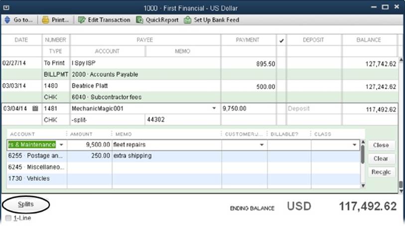 To allocate a check to multiple accounts or to specify a customer, job, or class in the check register, click the Splits button (circled) to open the panel shown here so you can assign them. If you modify the value in the Payment cell or any values in the Amount cells, click Recalc to change the check payment amount to the total of the splits.