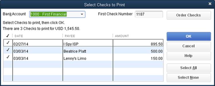 The first time you print checks, QuickBooks sets the First Check Number box to 1. If necessary, change this number to match the one on the first check loaded in your printer.