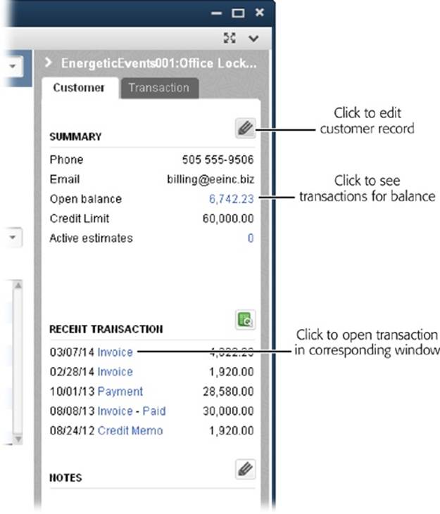If you spot any errors in the customer’s information, click the Edit button (the pencil icon) to open the customer’s record in the Edit Customer window.Click the open balance value to generate a Customer Open Balance report that shows the transactions that contribute to the open balance.To inspect any of the recent transactions, click the blue text to open the corresponding window, such as Receive Payments.