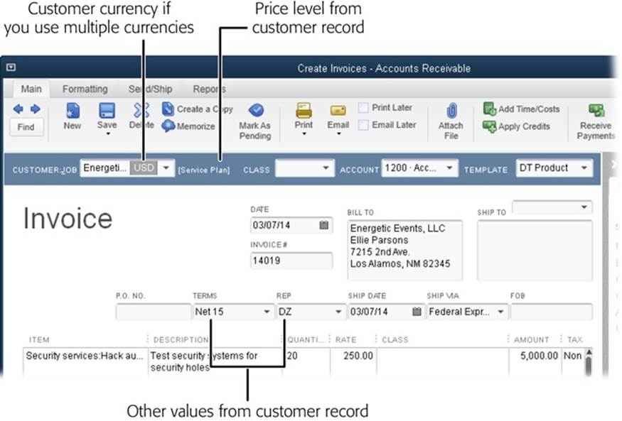 After you choose a customer, if you’ve assigned a price level to that customer’s record (page 72), the name of the price level appears in brackets below the Customer:Job label. You can change the customer’s price level by editing the customer’s record (page 81), or you can choose existing price levels to change the price you charge as you add items to the invoice (see the box on page 254).
