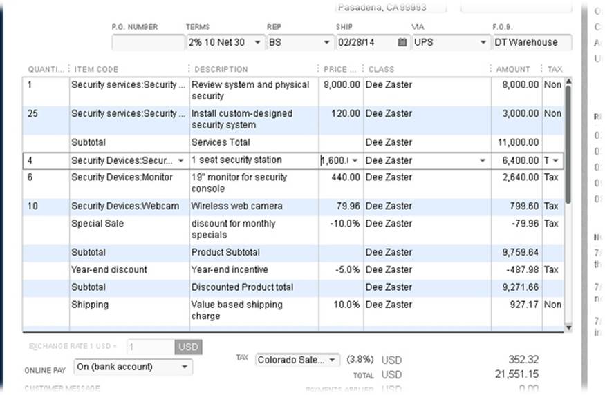 In the Intuit Product Invoice template, the Quantity column comes first. After you choose an item, make sure to check the value in the Amount cell. If the number looks too large or small, the quantity you entered might not match the units for the item. For example, if you charge for developing training materials by the hour but charge for teaching a training class by the day, the quantity for developing training materials has to be in hours and the quantity for teaching in days.