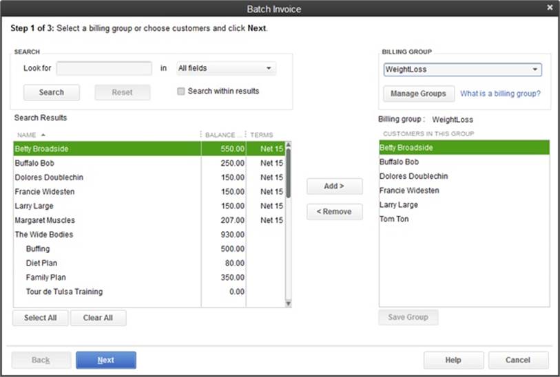 You can rename or delete the billing groups you create by clicking Manage Groups.To select a different billing group, choose it from the Billing Group drop-down list. If you modify the customers in the list, click Save Group to update the billing group with the current set of customer names.