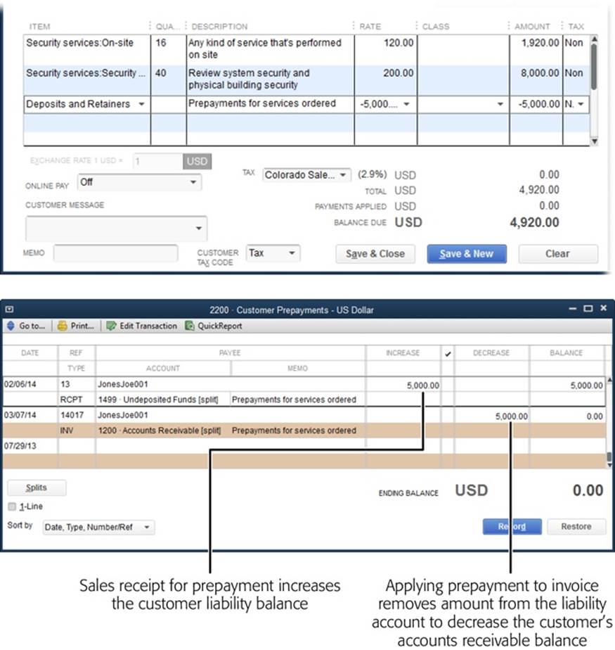 Top: When you create an invoice for the customer, the prepayment offsets the customer’s balance. To deduct the prepayment from the invoice balance, in the Amount cell, enter the prepayment as a negative number, as shown here.Bottom: Initially, when you create a sales receipt for a deposit or down payment, QuickBooks adds the money to your prepayment Other Current Liability account. When you apply the deposit to an invoice, QuickBooks transfers the money from that account to reduce the customer’s Accounts Receivable balance.
