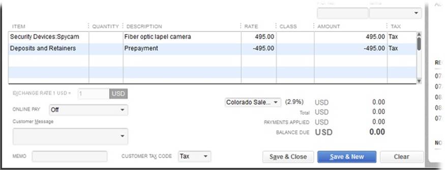 In the first row’s Amount cell, enter the amount of the deposit you’re keeping as a positive number. Then, in the Amount cell for the prepayment (the second row), type a negative number, which makes the invoice’s balance zero. The prepayment item also deducts the deposit from the prepayment liability account, so you no longer “owe” the customer that money.