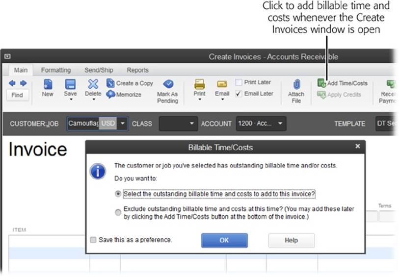 To add billable time and costs that haven’t been billed to an invoice, keep the option that begins with “Select” selected in this dialog box. If you don’t want to bill that time and cost yet, select the option that begins with “Exclude.”You can add time and expenses at any time by clicking the Add Time/Costs button at the top of the Create Invoices window.