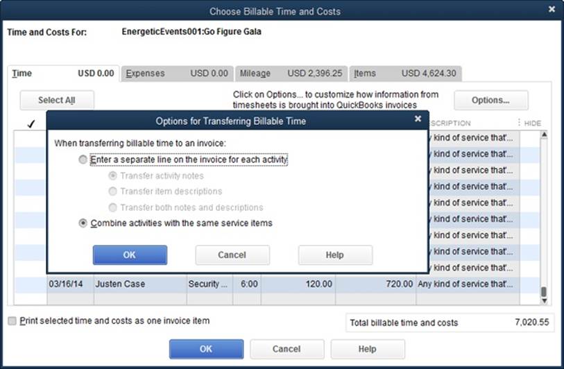 On the “Choose Billable Time and Costs” dialog box’s Time tab (background), click the Options button to tell QuickBooks how to handle different activities. In the “Options for Transferring Billable Time” dialog box (foreground), the program automatically selects the option that displays the total hours for each Service item. However, you can choose the other option to tell QuickBooks to add a separate line for each activity, to show the hours worked each day, for instance. If each activity is on its own line, you can transfer activity descriptions, notes, or both to the invoice.