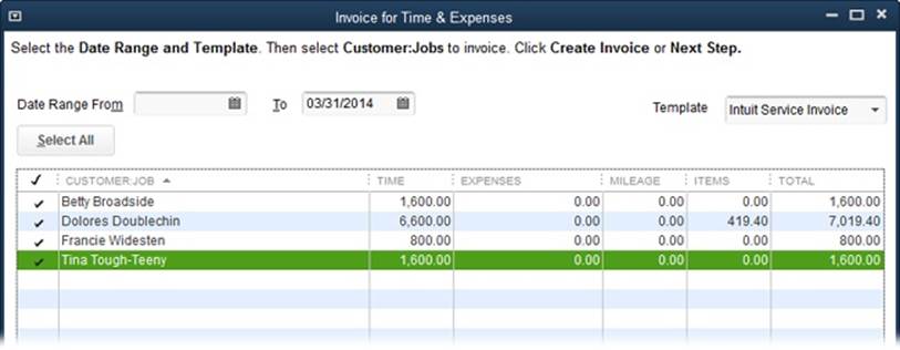 You can select more than one customer, as long as you use QuickBooks Premier or Enterprise and don’t use multiple currencies. In that case, the “Invoice for Time & Expenses” window includes a checkmark column. You can click individual checkmark cells or drag over the cells to toggle them on or off.