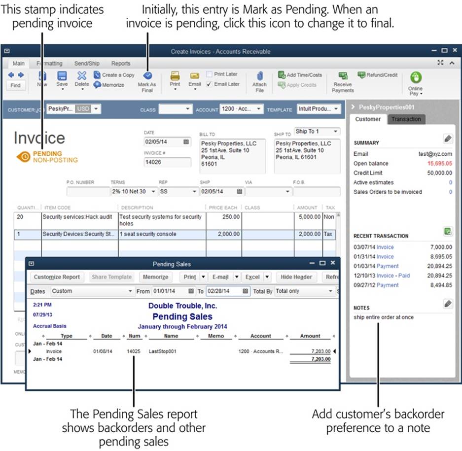 In addition to backorders, pending invoices are also great for entering transactions ahead of time and holding them until you receive approval for a sale or reach the milestone that the invoice represents. You can set sales receipts and credit memos to pending status as well.To see all your pending sales, choose Reports→Sales→Pending Sales to run the report shown in the foreground here.