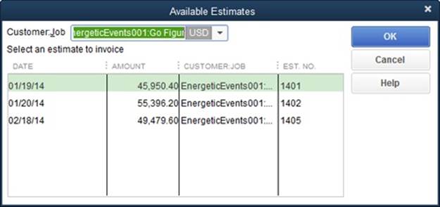 To keep your customer happy, be sure to choose the estimate that she accepted. The Available Estimates dialog box shows the date, amount, and estimate number. Usually, the amount is the field you use to choose the agreed-upon estimate.