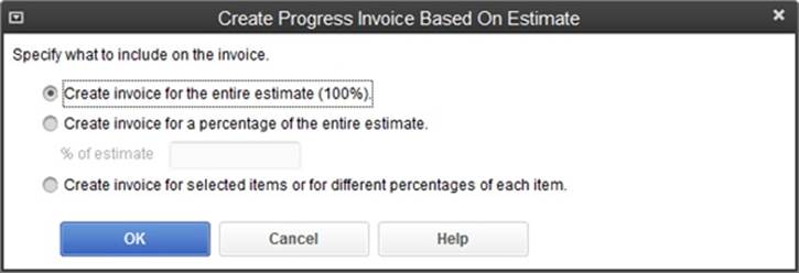 The first time you create a progress invoice for an estimated job is the only time the “Create invoice for the entire estimate (100%)” option is available. After that, you have to invoice based on a percentage of the entire estimate, by picking individual items, or for the remaining amounts on the estimate (that option isn’t shown here).