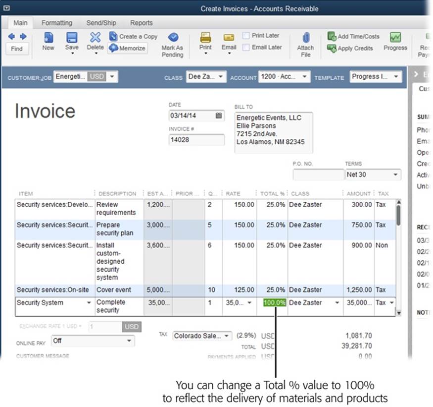 When you provide materials for a job, they’re either onsite or not. Assigning 50 percent to materials makes sense only if half the boxes made it. If you created an invoice for 25 percent of the job, you can change the invoice to cover 100 percent for materials by editing the values in the “Total %” column.Changing a “Total %” cell also solves the problem of one task that’s far behind—or far ahead.