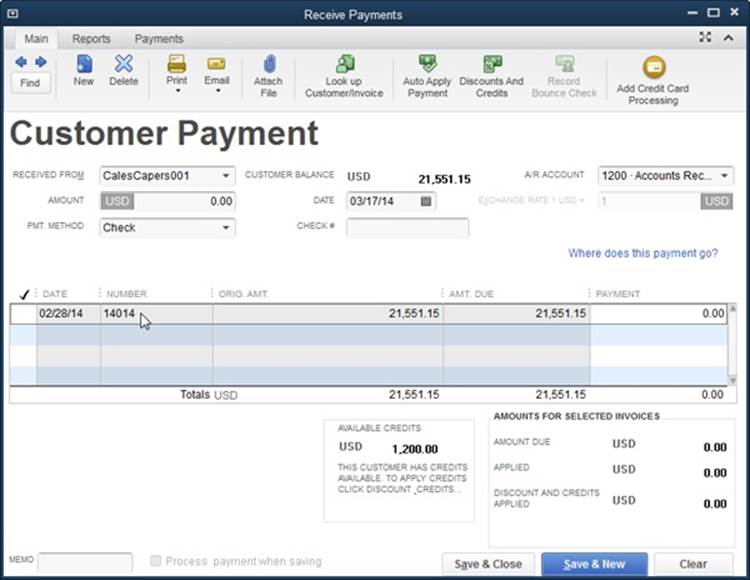 If you chose a customer in the Received From drop-down list rather than a job, the Available Credits value represents the total credits available for all jobs for that customer.To select the invoice you want to apply that credit to, click anywhere in the invoice’s row—except the checkmark cell, which selects the invoice for payment.