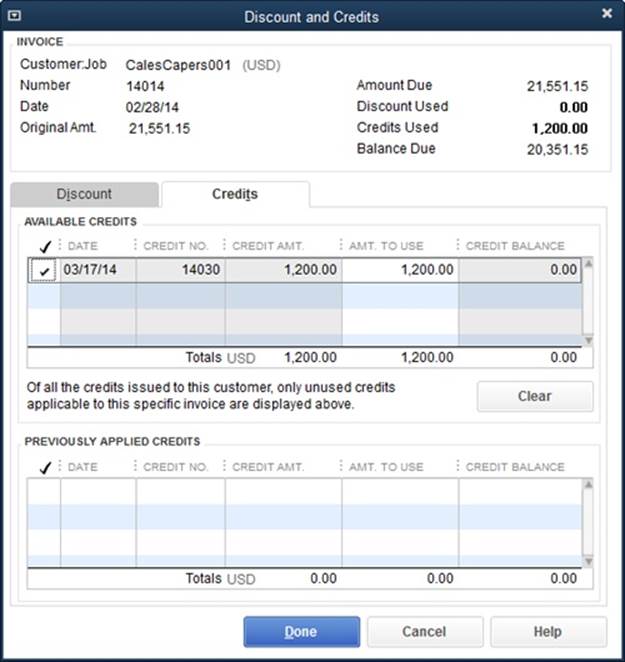 When you turn on the checkmark cells next to credits listed in the Available Credits table, the Credits Used value near the top of the dialog box shows the total amount of credit you’re applying, and the Balance Due number shows how much is still due on the invoice.If the original invoice’s balance is less than the available credit, QuickBooks applies only enough of the credit to set the invoice’s balance to zero. You can apply the remaining credit to another invoice by repeating the steps in this section.
