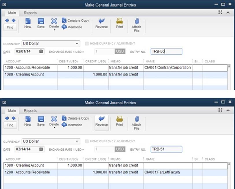 Top: The first journal entry transfers the amount of the credit memo from the first job into the clearing account; you have to choose the customer and job in the Name cell. (Adding a memo can help you follow the money later.)Bottom: The second journal entry transfers the amount of the credit memo from the clearing account to the second job.