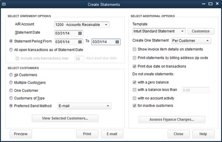 The options in the Select Customers section let you create statements for a subset of your customers, which comes in handy if you send statements to some customers by email and to some by U.S. mail, for example. In that case, you’d create two sets: one for email and the other for paper. You might also create a statement for a single customer if you made a mistake and want a corrected version. Or you can generate statements only for customers with balances.