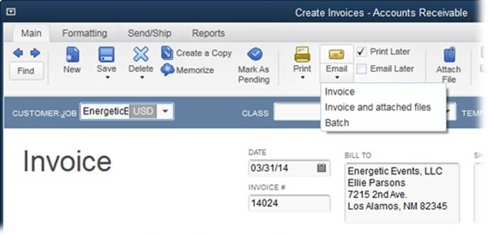 When you click the Email button, you can choose the form’s name (Invoice, in this example) to email the form that’s open in the window, or choose Batch to email all the forms in your to-be-emailed queue. Choose “[form] and attached files” to email the form and any files attached to it in QuickBooks.