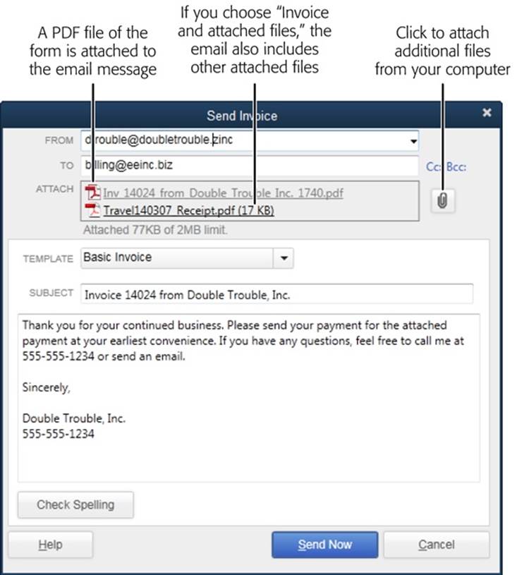 You send a QuickBooks-generated message just as you would an email you created in your email program. In Outlook, for example, simply click Send. When you email an invoice, QuickBooks attaches it to the email message as an Adobe PDF file.If you choose Email→“Invoice and attached files,” the invoice and any files attached to it in QuickBooks show up as attachments in the email message.