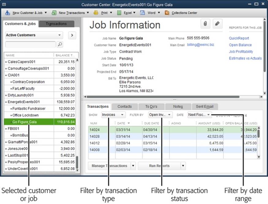 On the Transactions tab, as soon as you choose an entry in the Show, Filter By, or Date drop-down menu above the transaction list, QuickBooks changes the list to show only the transactions that meet all three criteria.Here QuickBooks is displaying open invoices for the next fiscal year.
