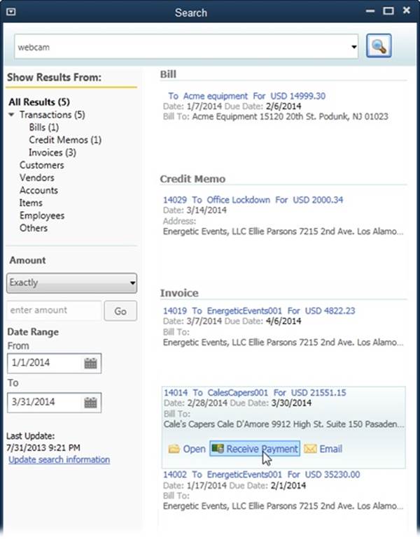 Below the Search box at the top of this window, you see a summary of the results, such as where QuickBooks found the results.If you get too many results, you can filter the list by clicking the type of result you want in the Show Results From section, such as Transactions. The results list on the right then displays only that type of result.