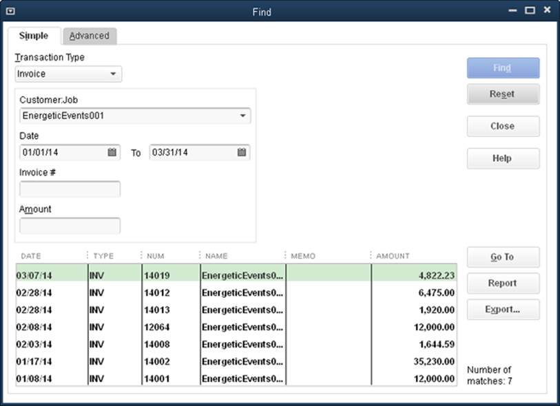 In the Find window, the label above the first field after Transaction Type changes to reflect the type you choose. For example, if you select Bill for the transaction type, the next field’s label changes to Vendor.The second-to-last field also varies depending on the transaction type; for example, it’s Invoice # for an invoice, Ref. No. for a bill, and P.O. No. for a purchase order.