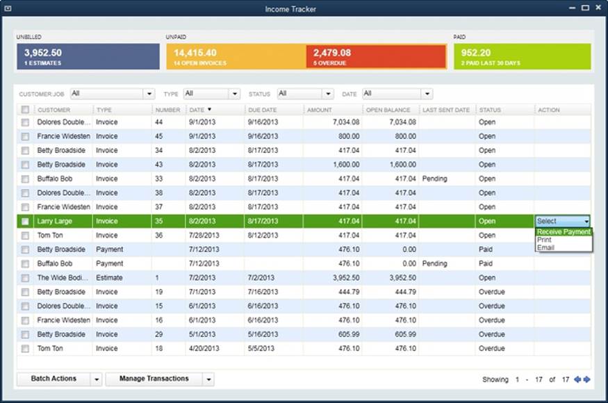 The panel at the top of the Income Tracker window provides an income overview. The table below it lists the transactions that make up the overall totals.You can filter the transaction table in different ways: by customer, transaction type, status, or date. You can even process transactions in this window, for example, receiving payment on an open invoice, as shown here.