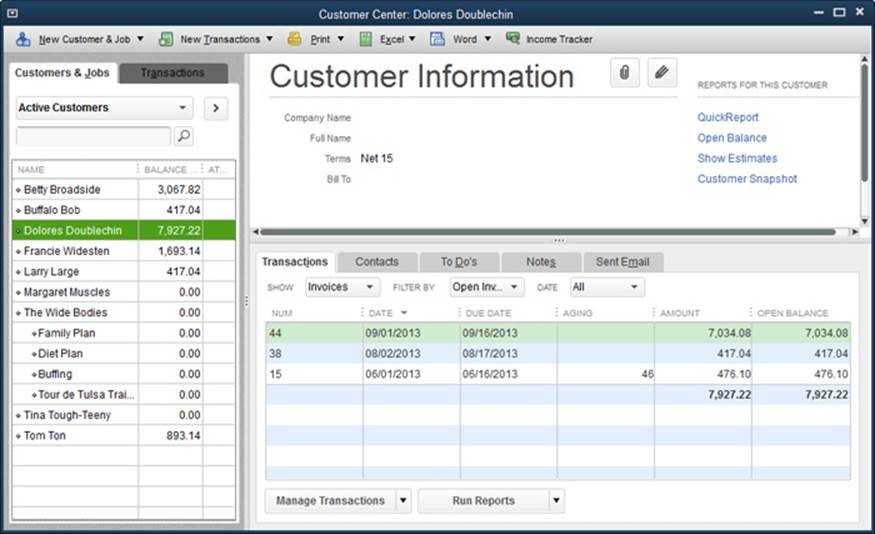 To see all the transactions that make up a customer’s balance, select the customer in the Customers & Jobs tab. On the Transactions tab in the lower-right part of the window, in the Show drop-down list, choose All Sales Transactions. To focus on open invoices, in the tab’s Show drop-down list, choose Invoices; and in the tab’s Filter By drop-down list, choose Open Invoices, as shown here. A value in an invoice’s Aging cell indicates the number of days the invoice is past its due date.