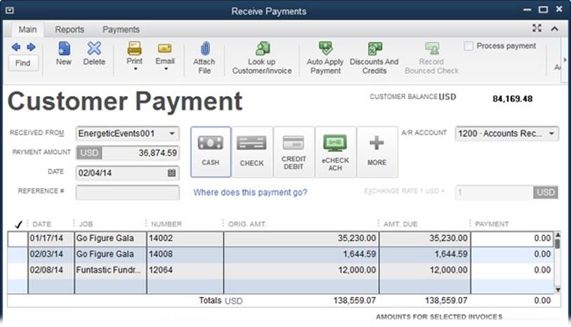 When you choose a customer or job in the Received From box, the Customer Balance to its right shows the corresponding balance, and QuickBooks fills in the table with every unpaid invoice for that customer or job. If you choose a customer (as shown here), QuickBooks adds the Job column to the table and fills in the rows with the customer’s outstanding invoices. The cell in the Job column lists the job’s name when an invoice applies to a specific job, and is blank when the invoice applies to the customer.