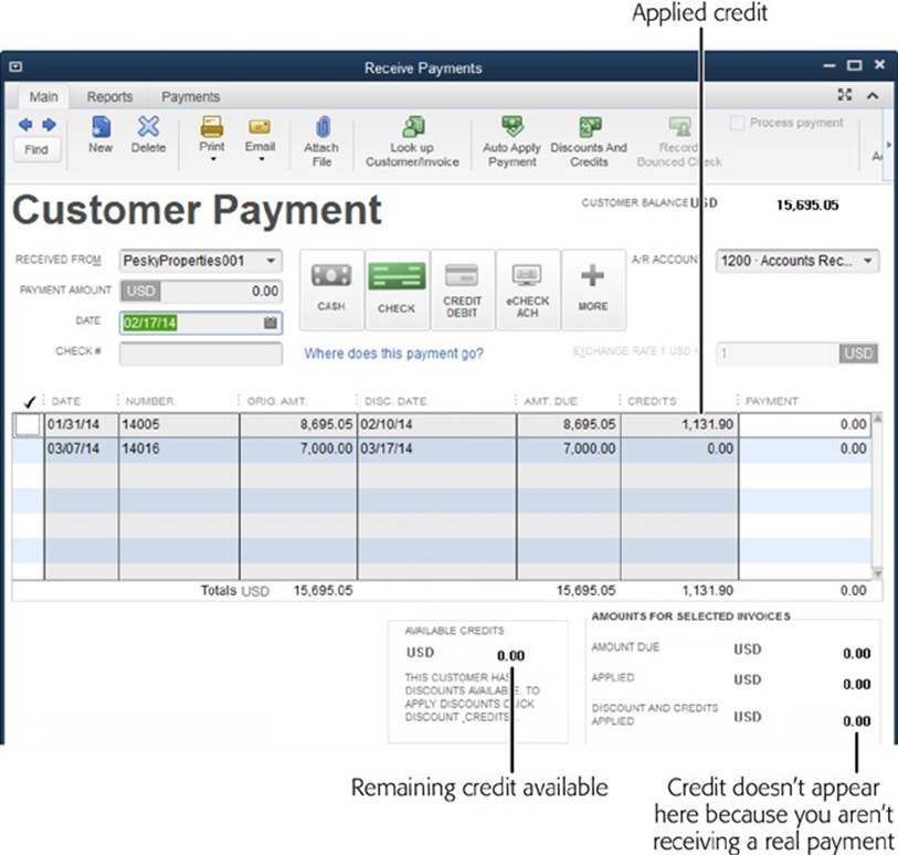 When you apply a credit to an invoice, its amount appears in the Credits cell in the Receive Payments window’s table.When you’ve applied all a customer’s credits, the Available Credits value equals 0.00.