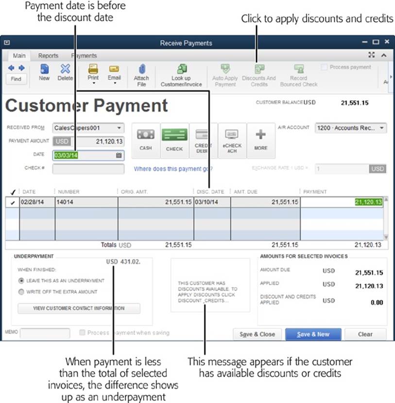 If the customer sent a payment that’s less than the invoice amount, you’ll see the difference as an underpayment, as shown here.Look below the unpaid invoice table for a message that says the customer has discounts or credits available, as unapplied discounts and credits might explain the difference between the payment and invoice amounts. If you see that message, click the “Discounts and Credits” button at the top of the window to apply the available discounts and credits.