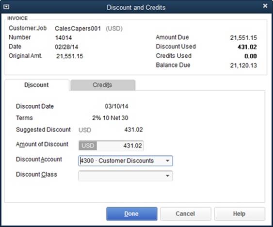 In the Amount of Discount box, QuickBooks automatically fills in the suggested discount, but you can type a different amount—if the customer paid only part of the invoice early, for instance. The Invoice section at the top of the dialog box shows the amount due on the invoice and the balance due after applying the early payment discount you chose. If the customer has already paid the invoice in full, the early payment discount becomes a credit for the next invoice.