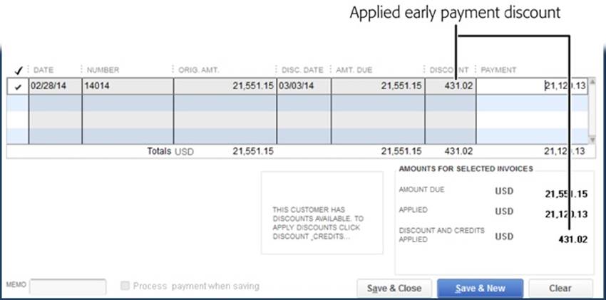 When you apply an early payment discount to an invoice, it appears in the Receive Payment window’s Discount cell, as shown here. The discount also contributes to the Discount and Credits Applied value in the Amounts for Selected Invoices section.