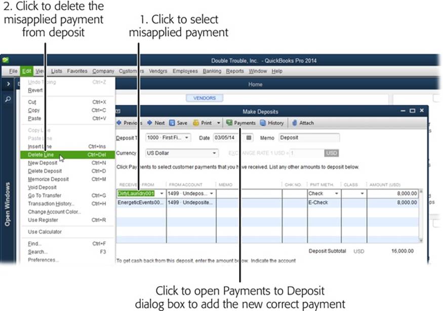 In the window’s toolbar, click Payments to open the “Payments to Deposit” window so you can add the new, correct payment to the deposit. Then, back in the Make Deposits window, delete the misapplied payment from the deposit by clicking anywhere in the payment line you want to delete, and then, on the main QuickBooks menu bar, choosing Edit→Delete Line.