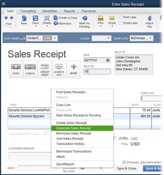 Shortcut menus like this make choosing features easier.Simply right-click anywhere in the Enter Sales Receipts window to display the shortcut menu shown here.