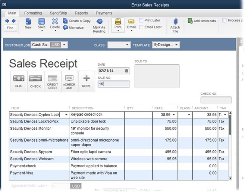 Add a Payment item for every form of payment you accept (American Express, Discover, debit cards, checks, and so on). Then, when you use the memorized transaction to record batch sales receipts each day, type a negative number for the amount charged to each type of payment. If the Total value doesn’t match the amount of your cash deposit, add an item for excess or short cash to make your bank deposit balance. (The next section explains how to use excess- and short-cash items.)
