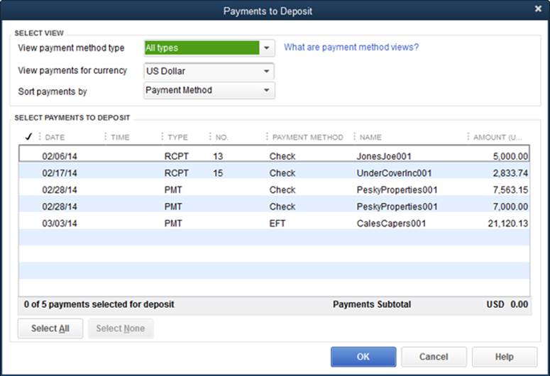 You can filter payments by method by choosing one in the “View payment method type” box; QuickBooks then displays only those types of payments.To record deposits for payments made in a foreign currency, in the “View Payments for currency” drop-down list (which you’ll see only if you have multiple currencies turned on), choose the currency. You enter your bank’s exchange rate for the deposit in the Make Deposits window (as explained below).