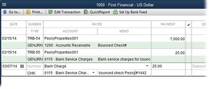 In the Memo cell, type a description of the bank charge, such as “bounced check charge,” “minimum balance charge,” the bounced check’s number, and so on.