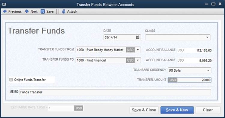 This window has one advantage over entering transfers in a bank account register: You can’t create a payment or deposit by mistake. That’s because you can’t save a transfer in this window until you specify both the account that contains the money and the account into which you want to transfer the funds. Also, the Transfer Funds From and Transfer Funds To drop-down menus show only balance sheet accounts (bank, credit card, asset, liability, and equity).