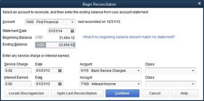QuickBooks uses the ending balance from the previous reconciliation to fill in the beginning balance for this reconciliation. If the beginning balance here doesn’t match the beginning balance on your bank statement, click Cancel and turn to page 378 to learn how to correct the problem.