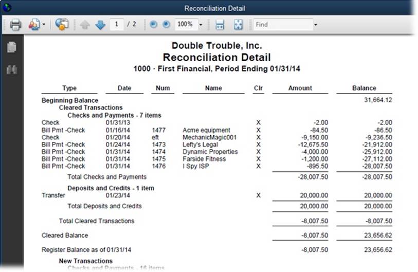 In the Select Previous Reconciliation Report dialog box, when you choose the Detail option and then click Display, the report shows your beginning and ending balances and every transaction you cleared.You can view a reconciliation report at any time by choosing Reports→Banking→Previous Reconciliation.