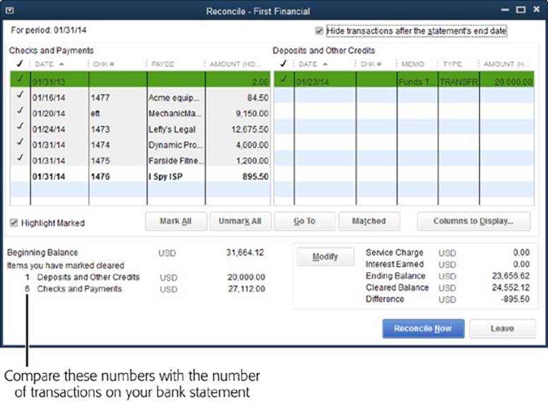 As you clear transactions in the Reconcile window’s table, QuickBooks updates the number of items you’ve marked at the window’s bottom left, below the “Items you have marked cleared” label. Compare these numbers with the number of transactions on your bank statement. If the numbers don’t agree, you know to look for either a transaction you didn’t clear or one that you cleared by mistake.