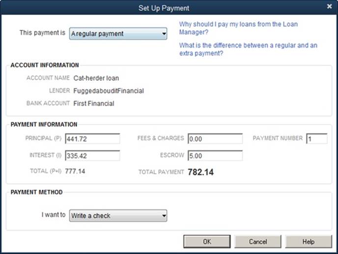 When you click Set Up Payment, Loan Manager fills in the Payment Information section of this dialog box with the principal and interest amounts from the loan payment schedule for the next payment that’s due.It also fills in the Payment Number box with the number of the next payment due.