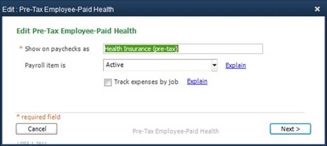 The Edit dialog box shows the name of the benefit you’re editing, such as “Edit Pre-Tax Employee-Paid Health.”Click Next or Previous to move through the screens of settings for the benefit.