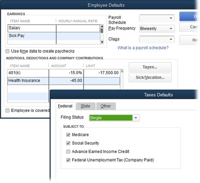 Although your standard items for taxes don’t appear in the “Additions, Deductions, and Company Contributions” list (background), when you click Taxes, you can see the payroll tax items assigned to each new employee (foreground). Similarly, by clicking the Sick/Vacation button, you can set how sick and vacation time accrue, the maximum accrued hours each year, and whether hours roll over from one year to the next. (Sick and vacation time can accrue at the beginning of the year, so the employee receives the entire allotment on January 1, or some of it can accrue each pay period.)