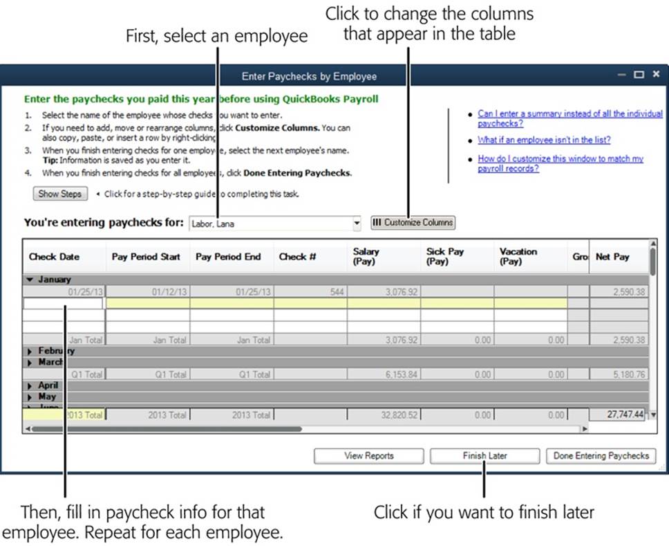 First, select the employee whose payroll you want to enter. Then, fill in the table with values from that employee’s paychecks.To shorten your data entry task, you can fill in summaries instead. In that case, fill in the Pay Period Start and Pay Period End cells with the start and end dates of the summary period, such as 1/1/14 and 1/31/14, respectively.If the table includes columns you don’t need or omits ones you do need, click Customize Columns to choose the fields you want to see.